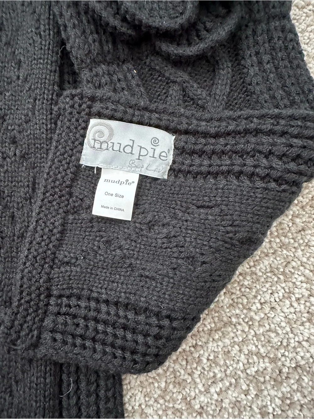 Mud Pie Black Knit Scarf with Flower Accent